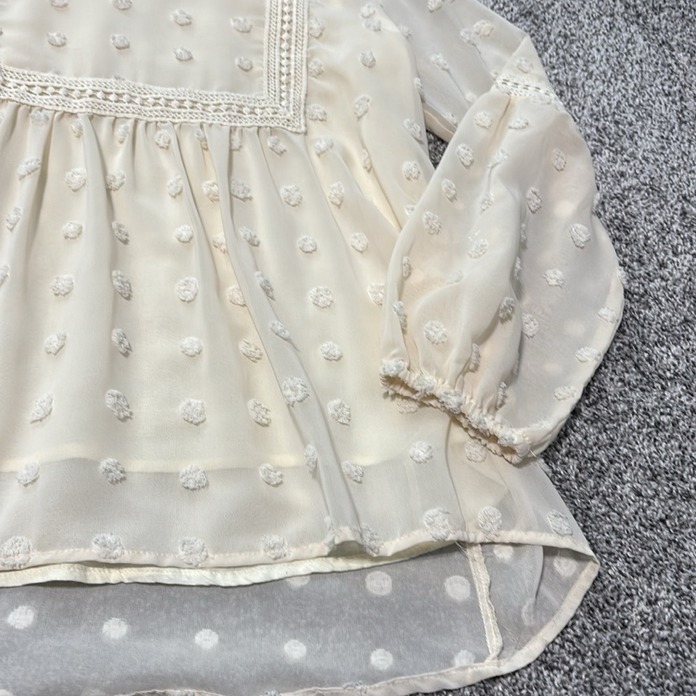 Like New Elegant Cream Swiss Dot Blouse with Lace Detailing - Picture 8 of 11